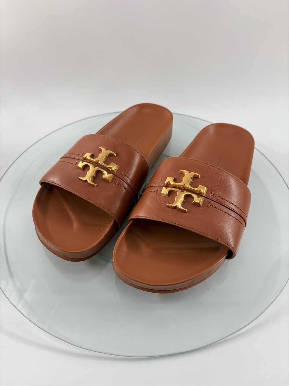 Tory Burch Everly Leather Slide Sandals Brown Gold Logo Size 8